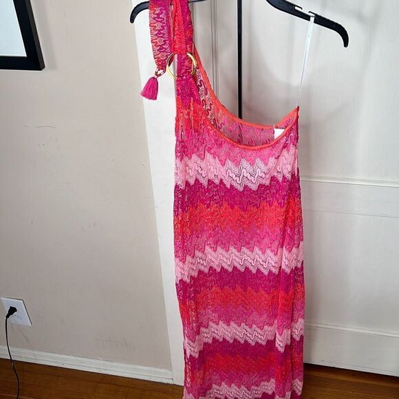 Trina Turk CASCADE CROCHET ASYMMETRICAL MAXI DRESS/Cover Up Pink Medium - Picture 2 of 8